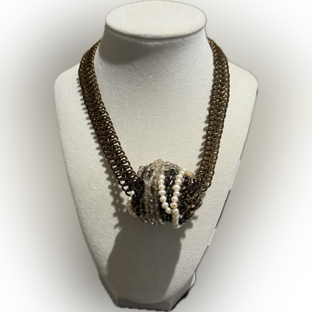 Chico's Chunky Statement Choker Beaded & Faux Pearl Knot Focal Point Necklace